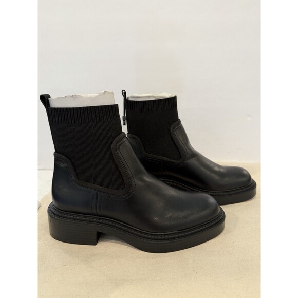 Zara Black Leather Black Ribbed Sock Ankle Boots Chelsea Women US 7.5 EUR 38 - Picture 6 of 15